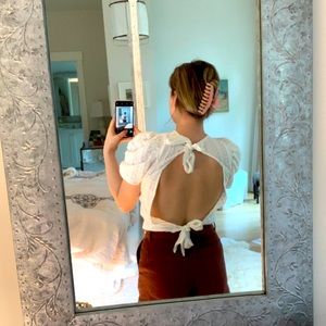 Free people open back white blouse, puffed sleeves